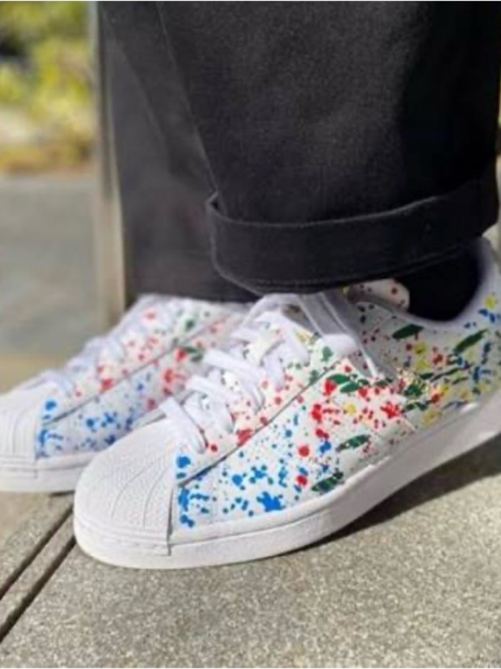 Adidas Classic White Shell Toe Sneakers with Multicolor Paint Splatter